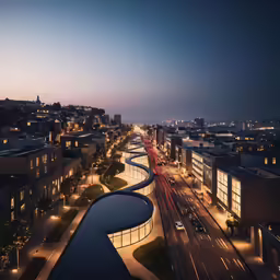 the city is dimly lit at night on a busy street
