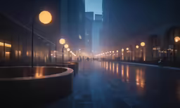 a night scene looking down a city street, with some lights on