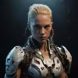 a girl with heavy plastic armor looking back with glowing eyes