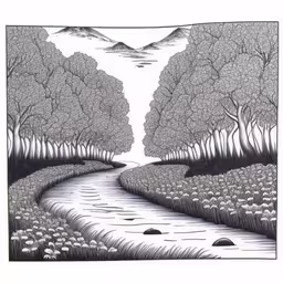 a drawing of a river and trees in the night sky,a pen drawing of a stream running between trees,a drawing of trees and water with mountains in the background,an abstract drawing of trees near a river,a drawing of a stream passing by some trees