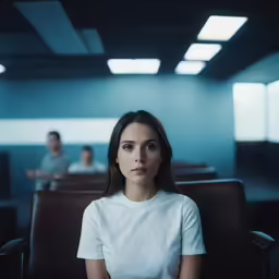 the woman is sitting at the desk in the room with other people