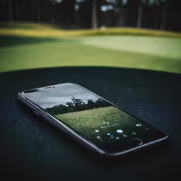 closeup of phone on a green table by a tree