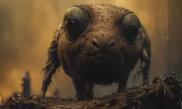 the giant creature with its eyes wide open is standing on some dirt