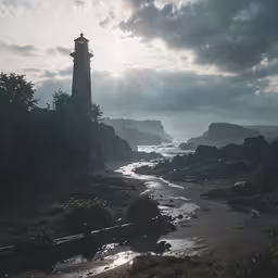 this is the sun coming through the clouds and a lighthouse by the ocean