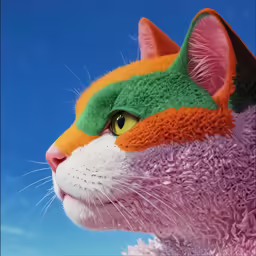 this cat looks very colorful against the blue sky
