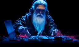 a man with white hair wearing headphones using his keyboard