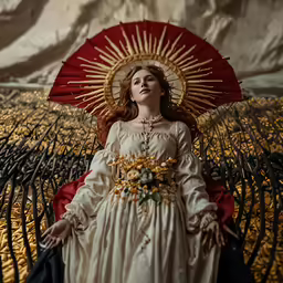 an ornate woman with large hair, red and white umbrella and flower bouquet is standing in front of a golden and white backdrop