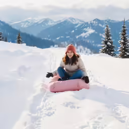 a woman sitting in the snow next to a pink tube
