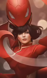 a woman in a red dress wearing a spider - man costume