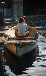 a young boy rowing a small wooden boat