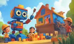 two children, one in a orange shirt and an orange helmet, with a robot holding a broom standing in front of some brick building materials