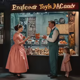 a man and a woman are exchanging drinks in front of a shop