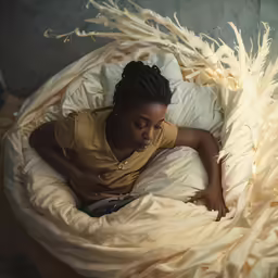 a person sleeping in a round bed covered in white stuff
