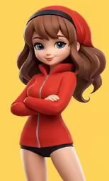 a cartoon character with brown hair wearing shorts and a red jacket