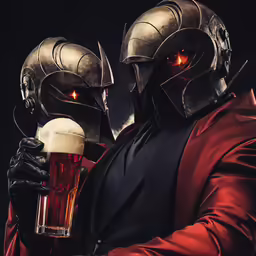 two men wearing dark knight armor are holding a tall mug of beer