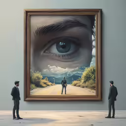 two men are looking at an art piece on a wall