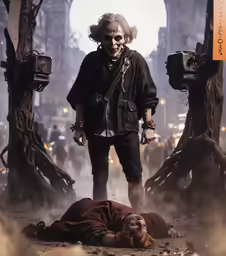 a creepy man is walking next to a dead man