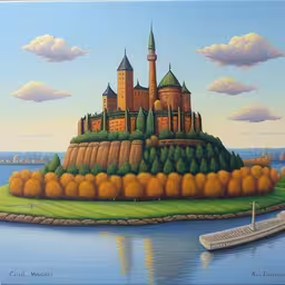 a painting with a castle on a island with yellow trees,a large castle in the middle of a body of water