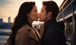 a couple kiss while standing near a bus