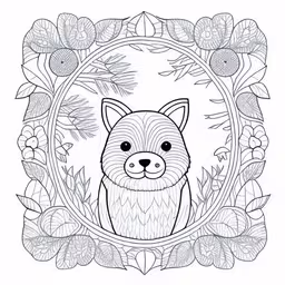 a fox sits in a circle surrounded by leaves and flowers