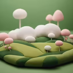 a lush green field covered in white and pink mushrooms