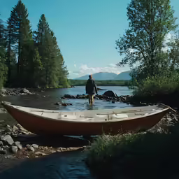 there is a man standing in the middle of a canoe