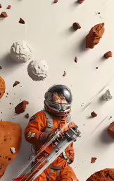 an astronaut is in the background with cookies scattered around him