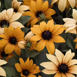 closeup of yellow and white flowers that have green leaves