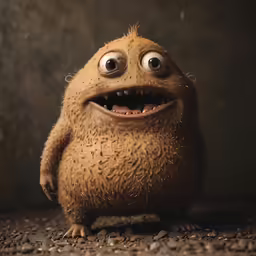 a stuffed animal sits smiling on top of some gravel