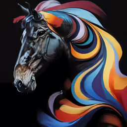the horse painted is standing in the dark