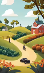 a painting of a rural landscape with cars and people on bikes