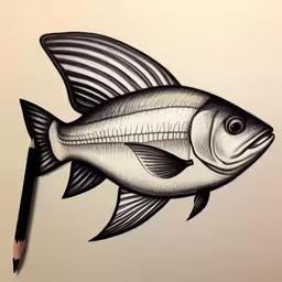 pencil sketch of a fish with long curved tail,the drawing of a fish is by itself