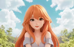an anime girl with long red hair sitting on the ground