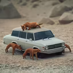 there is a toy truck with dogs on the roof and front