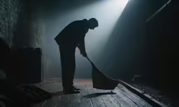 a man in a dark room sweeps up a suitcase with a broom