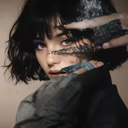 a woman with her eyes closed, her hands behind her shoulder