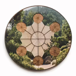 a wall decoration made out of different shades of stone and wood with umbrellas attached to each piece