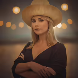 a woman wearing a hat standing next to a light