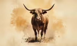 an animal with big horns standing in a dusty area