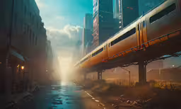 a train passing by some tall buildings on a street,a city street with buildings in the distance