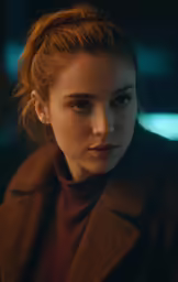 a woman with red hair, in an overcoat