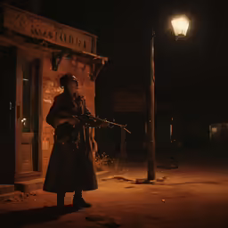 man holding rifle standing next to wooden post on street