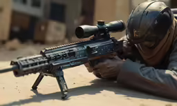 man in hijab aims at machine gun in outdoor setting
