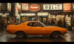 an orange car sitting on top of a street