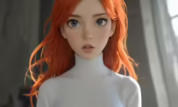 a 3d model with long red hair in a white top