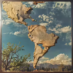 a piece of wood with a tree and mountains in the background
