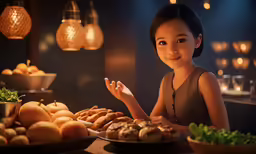 a young girl sitting at a table covered in food