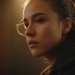 a woman looks down at something with an intense look on her face