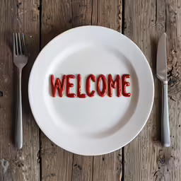 a plate that says welcome is next to two forks and a knife