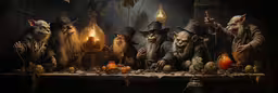 several wizard like figures sit behind an elaborate table,an image of wizard scene with candles lit